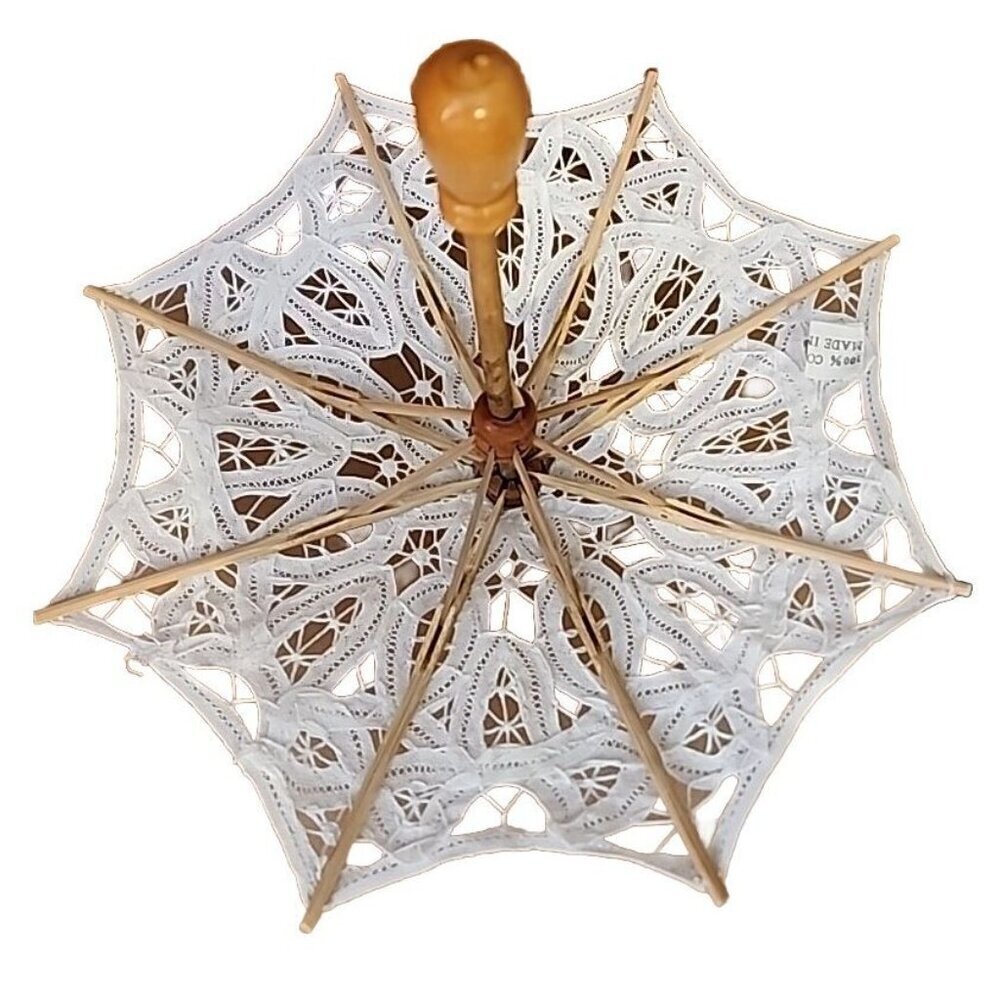 Parasol/Umbrella DOLL 9" Battenburg Lace TYPE Wood~8 SECTIONS GORGEOUS LACE - Picture 7 of 11